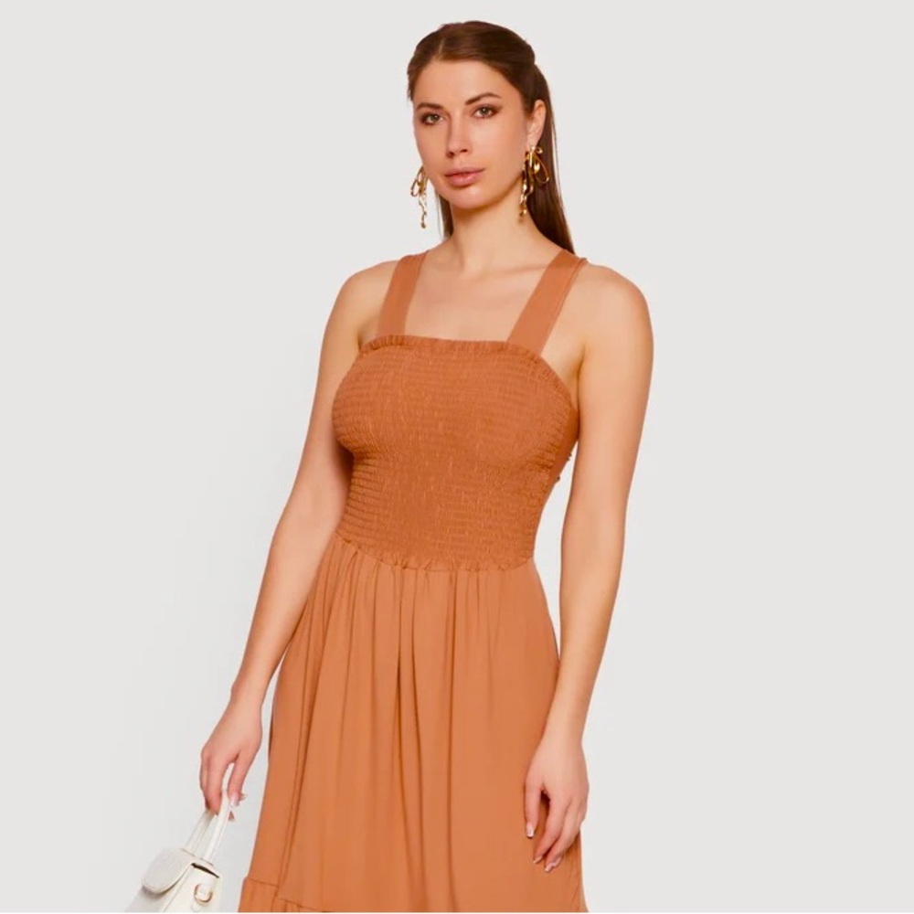 Discreet Rust Smocked Midi Dress with Wide Straps

Didn't wear much